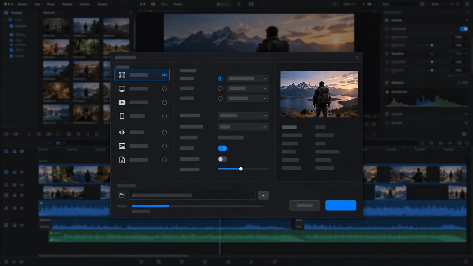 FilmCraft export dialog with destination presets