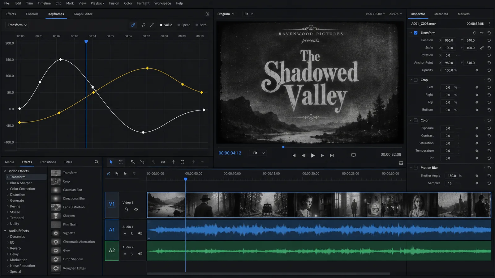 Keyframe editor with value and velocity graphs in FilmCraft