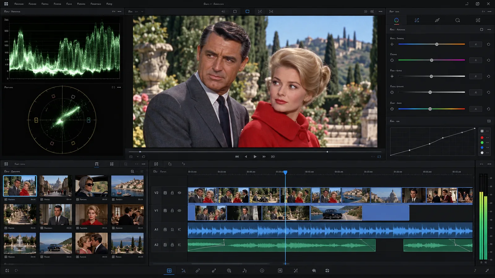FilmCraft with video scopes, the program monitor showing Charade (1963) and a multi-track timeline